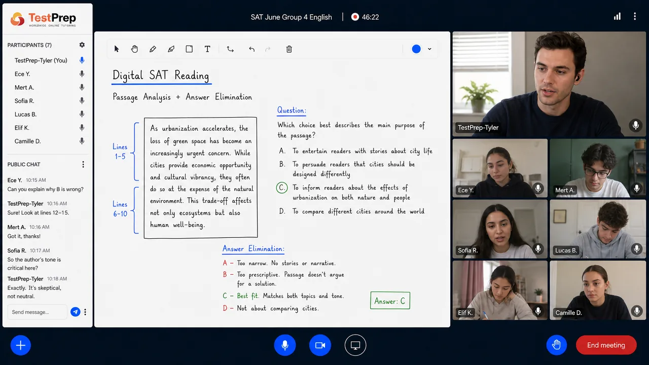 TestPrep SAT grup dersi canlı ekranı: 7 katılımcılı Digital SAT Reading dersinde, eğitmen ortak tahtada parça analizi ve şık eleme yapıyor.
