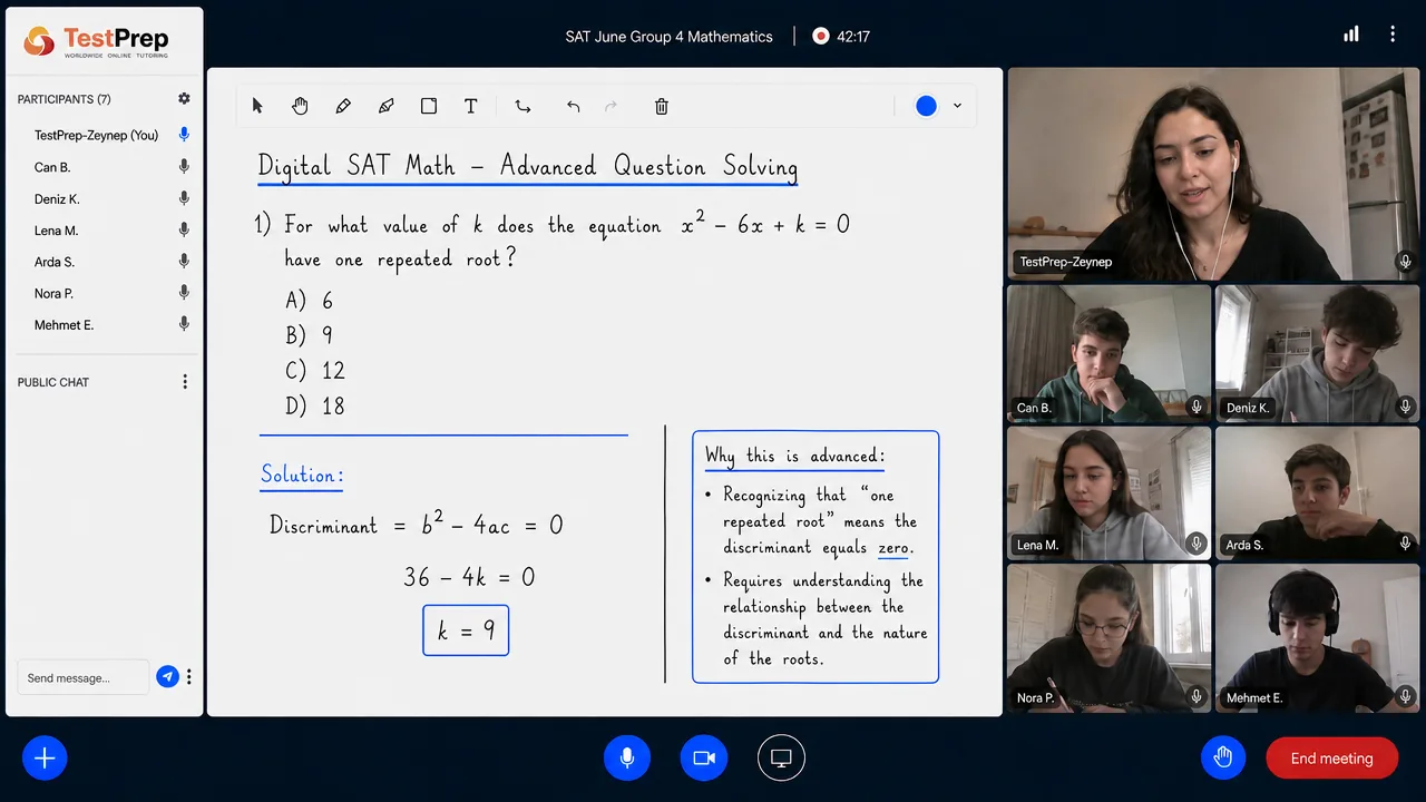 TestPrep SAT grup dersi canlı ekranı: 7 katılımcılı Digital SAT Math dersinde, eğitmen ortak tahtada bir diskriminant sorusunu adım adım çözüyor.